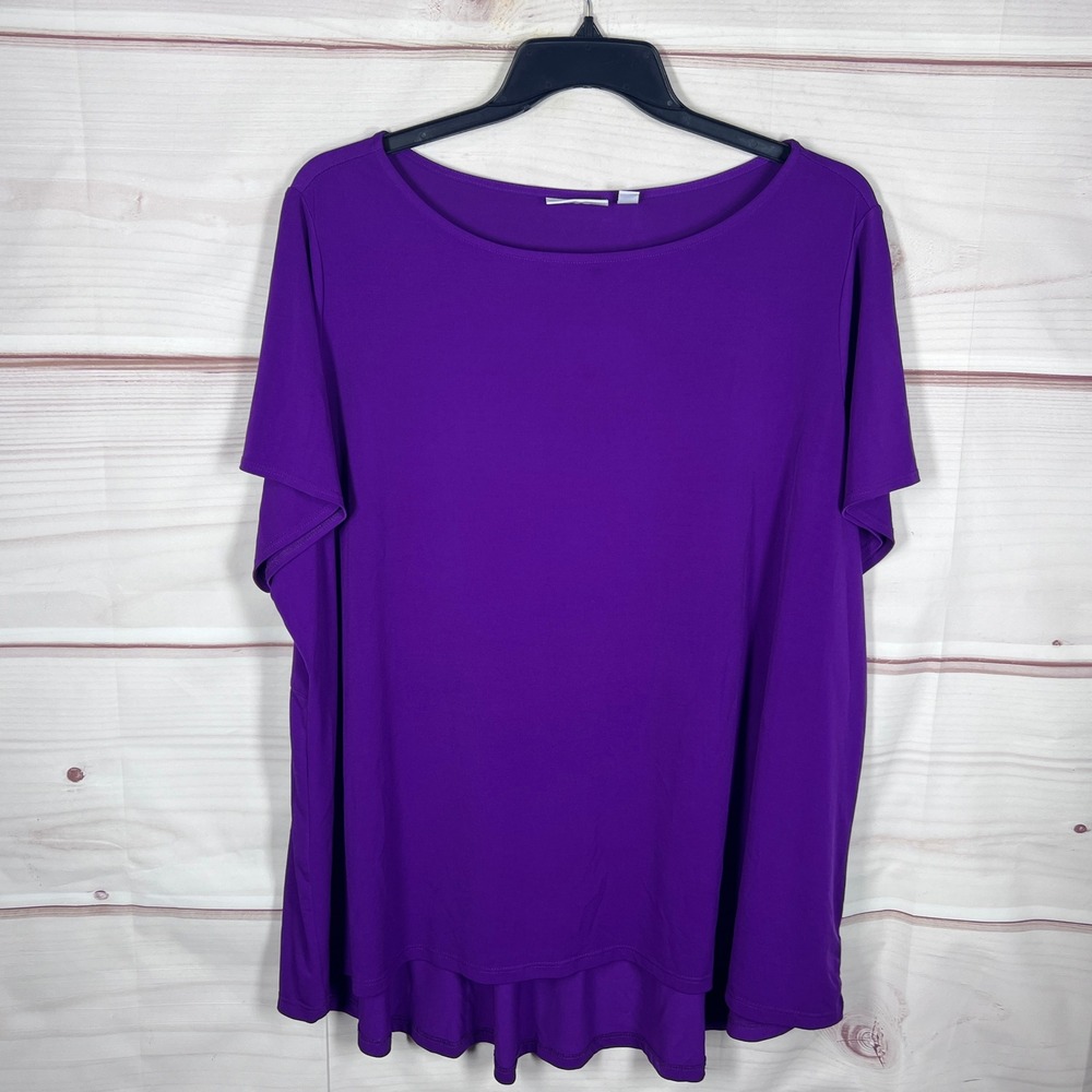 Susan Graver Top Women 3X Purple Liquid Knit Short Sleeve Peplum Blouse A276421